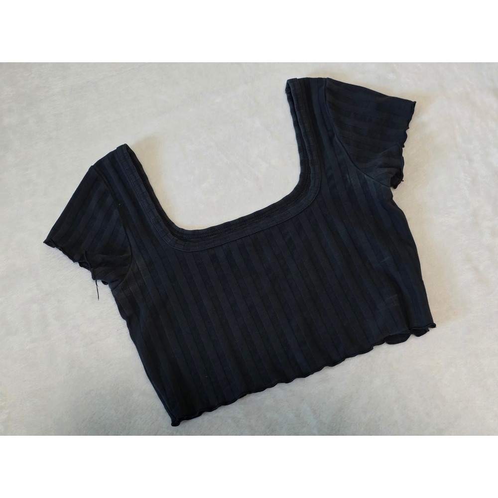 OFFLINE by Aerie Ribbed Square Neck Crop Top Black Lettuce Edge Small S/P